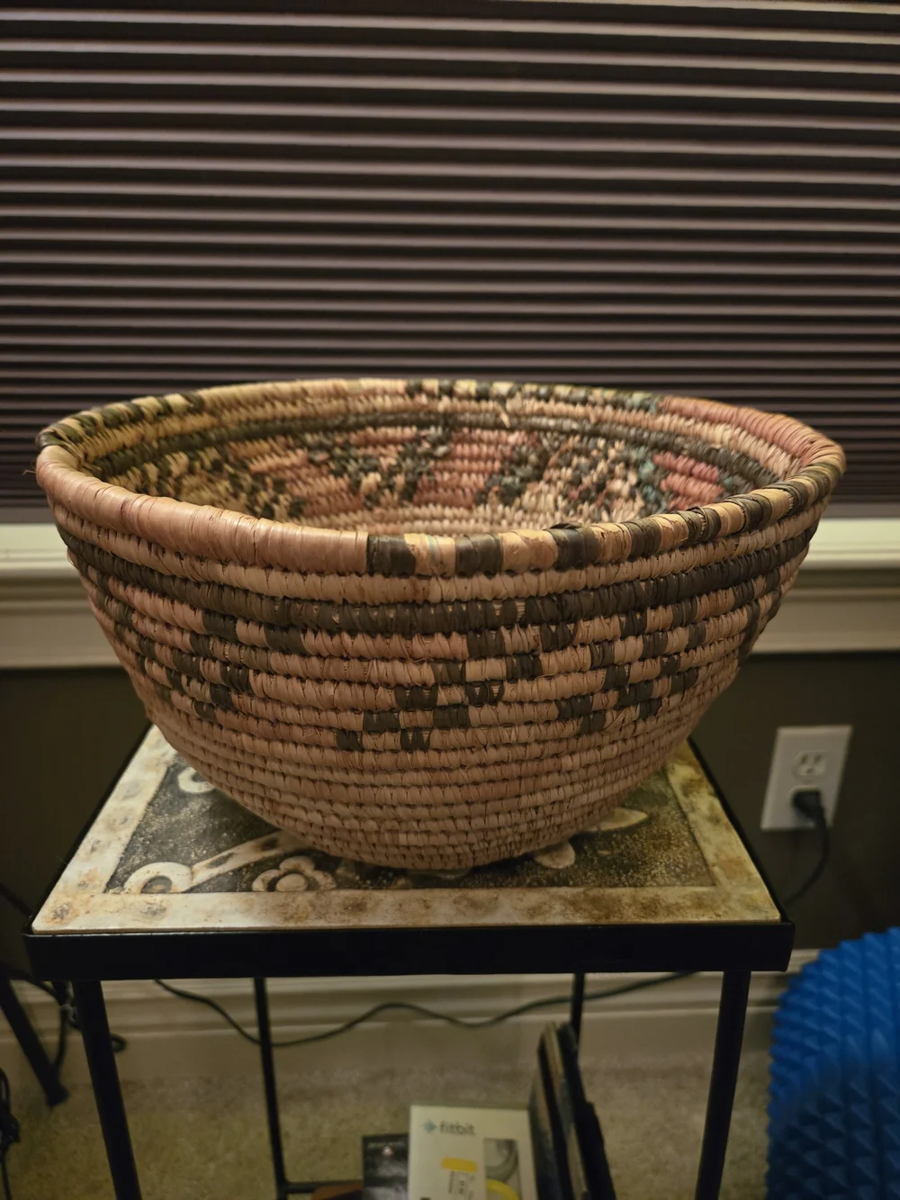 Tan and Dark Brown Woven Storage Basket With Geometric Pattern